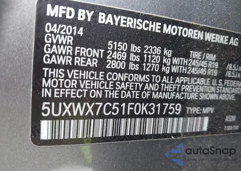 2015 BMW X3 xDrive35I из США, поврежденный, VIN 5UXWX7C51F0K31759